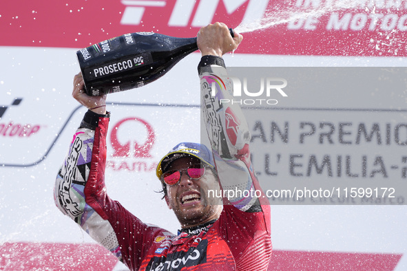 Enea Bastianini of Italy and Ducati Lenovo Team celebrate the victory of the MotoGP of Emilia Romagna at Misano World Circuit in Misano Adri...