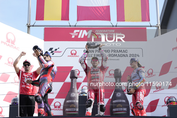 Jorge Martin of Spain and Prima Pramac Racing (L), Enea Bastianini of Italy and Ducati Lenovo Team (C), and Marc Marquez of Spain and Gresin...