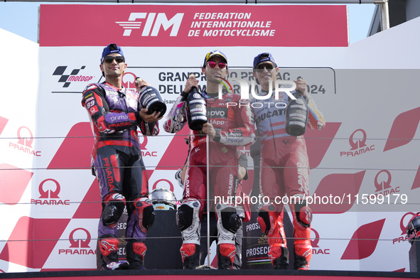 Jorge Martin of Spain and Prima Pramac Racing (L), Enea Bastianini of Italy and Ducati Lenovo Team (C), and Marc Marquez of Spain and Gresin...