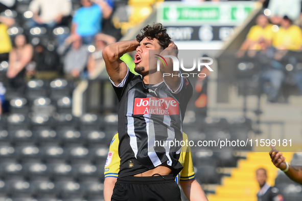 George Abbott of Notts County reacts after a missed opportunity at goal during the Sky Bet League 2 match between Notts County and Gillingha...