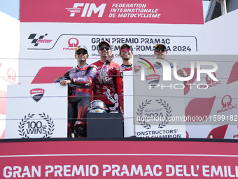 Jorge Martin of Spain and Prima Pramac Racing (L), Enea Bastianini of Italy and Ducati Lenovo Team (C), and Marc Marquez of Spain and Gresin...