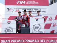 Jorge Martin of Spain and Prima Pramac Racing (L), Enea Bastianini of Italy and Ducati Lenovo Team (C), and Marc Marquez of Spain and Gresin...