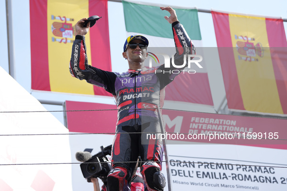 Jorge Martin of Spain and Prima Pramac Racing celebrate the second place scored during the race of the MotoGP of Emilia Romagna at Misano Wo...