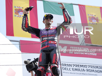 Jorge Martin of Spain and Prima Pramac Racing celebrate the second place scored during the race of the MotoGP of Emilia Romagna at Misano Wo...