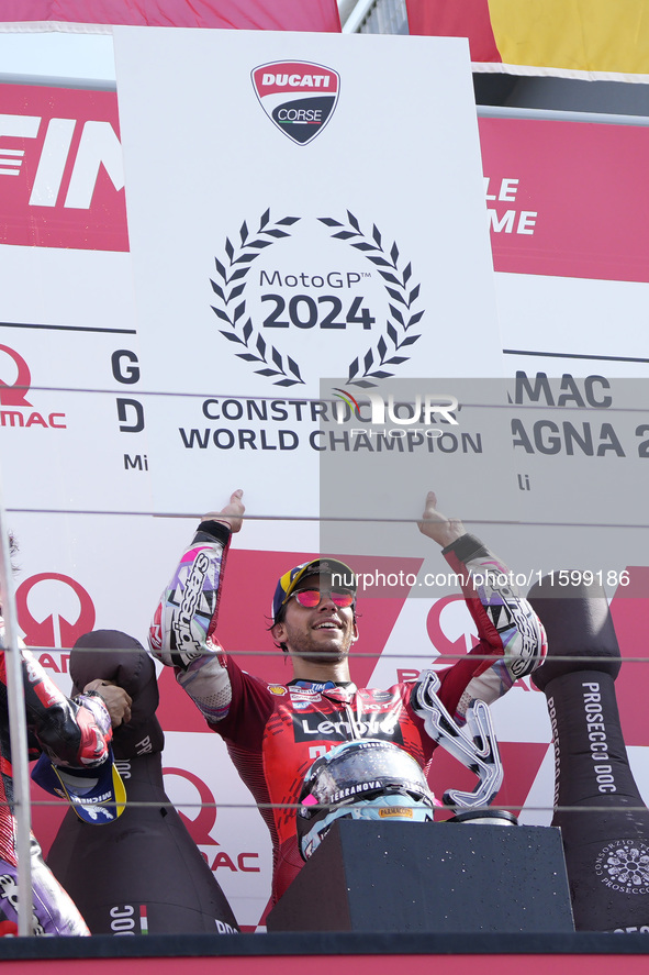 Enea Bastianini of Italy and the Ducati Lenovo Team celebrate the victory of the Constructors World Championship during the MotoGP of Emilia...