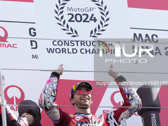 Enea Bastianini of Italy and the Ducati Lenovo Team celebrate the victory of the Constructors World Championship during the MotoGP of Emilia...