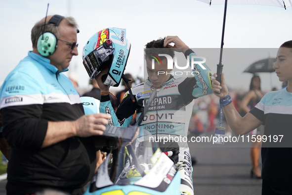 Angel Piqueras and Leopard Racing from Spain look on before the Moto3 race of the MotoGP of Emilia Romagna at Misano World Circuit in Misano...