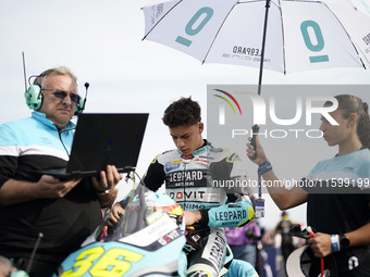 Angel Piqueras and Leopard Racing from Spain look on before the Moto3 race of the MotoGP of Emilia Romagna at Misano World Circuit in Misano...