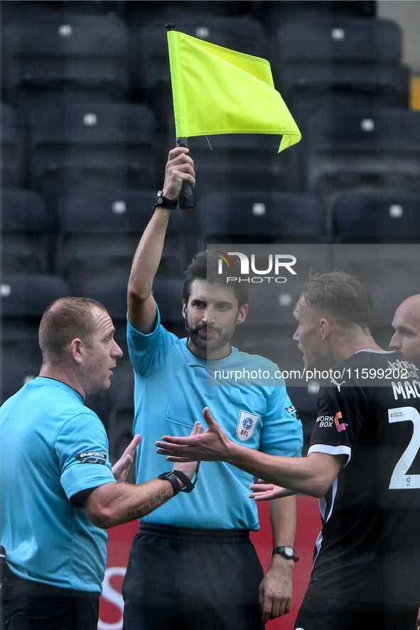 Lewis Macari of Notts County gestures at the referee after the assistant referee rules a County goal offside during the Sky Bet League 2 mat...