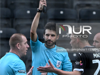 Lewis Macari of Notts County gestures at the referee after the assistant referee rules a County goal offside during the Sky Bet League 2 mat...