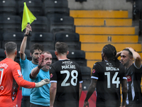 Referee Lee Swabey gestures after County players approach the assistant referee following a lengthy delay showing the offside flag during th...