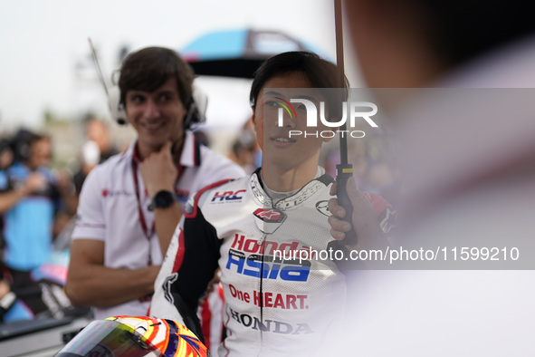 Taiyo Furusato of Japan and Honda Team Asia looks on prior to the Moto3 race of the MotoGP of Emilia Romagna at Misano World Circuit in Misa...