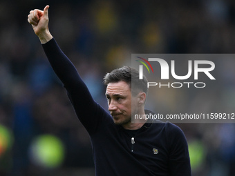 Stuart Maynard, manager of Notts County, gestures towards the County supporters during the Sky Bet League 2 match between Notts County and G...