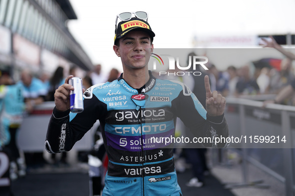 David Alonso of Colombia and the CFMOTO Aspar Team celebrates the victory of the Moto3 race of the MotoGP of Emilia Romagna at Misano World...