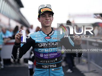 David Alonso of Colombia and the CFMOTO Aspar Team celebrates the victory of the Moto3 race of the MotoGP of Emilia Romagna at Misano World...