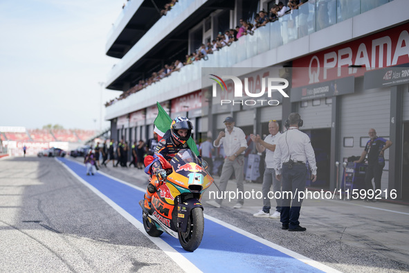 Celestino Vietti of Italy and Red Bull KTM Ajo celebrates the victory of the Moto2 race of the MotoGP of Emilia Romagna at Misano World Circ...