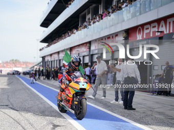 Celestino Vietti of Italy and Red Bull KTM Ajo celebrates the victory of the Moto2 race of the MotoGP of Emilia Romagna at Misano World Circ...