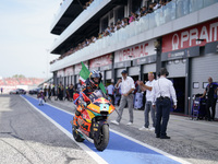 Celestino Vietti of Italy and Red Bull KTM Ajo celebrates the victory of the Moto2 race of the MotoGP of Emilia Romagna at Misano World Circ...