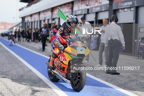 Celestino Vietti of Italy and Red Bull KTM Ajo celebrates the victory of the Moto2 race of the MotoGP of Emilia Romagna at Misano World Circ...