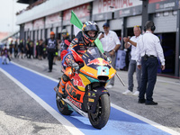 Celestino Vietti of Italy and Red Bull KTM Ajo celebrates the victory of the Moto2 race of the MotoGP of Emilia Romagna at Misano World Circ...