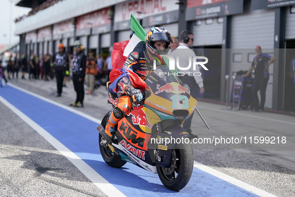 Celestino Vietti of Italy and Red Bull KTM Ajo celebrates the victory of the Moto2 race of the MotoGP of Emilia Romagna at Misano World Circ...