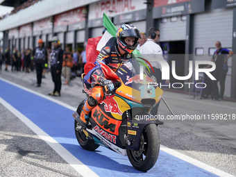 Celestino Vietti of Italy and Red Bull KTM Ajo celebrates the victory of the Moto2 race of the MotoGP of Emilia Romagna at Misano World Circ...