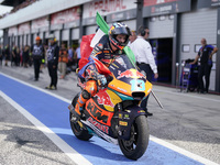 Celestino Vietti of Italy and Red Bull KTM Ajo celebrates the victory of the Moto2 race of the MotoGP of Emilia Romagna at Misano World Circ...