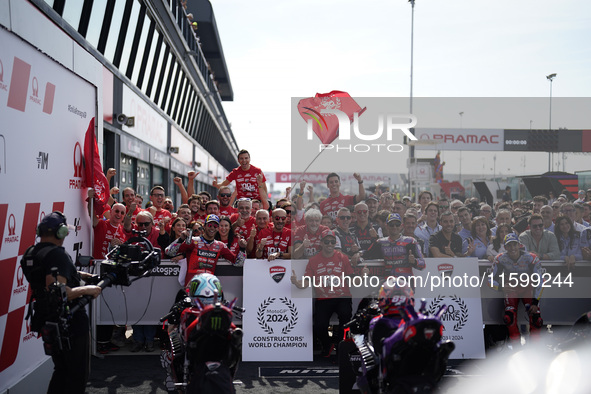 Jorge Martin of Spain and Prima Pramac Racing (L), Enea Bastianini of Italy and Ducati Lenovo Team (C), and Marc Marquez of Spain and Gresin...