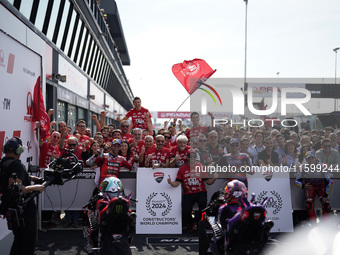 Jorge Martin of Spain and Prima Pramac Racing (L), Enea Bastianini of Italy and Ducati Lenovo Team (C), and Marc Marquez of Spain and Gresin...