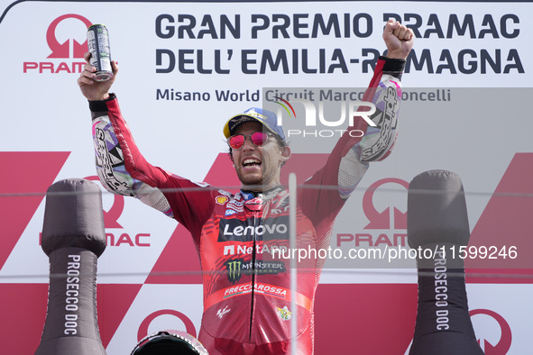 Enea Bastianini of Italy and Ducati Lenovo Team celebrate the victory of the MotoGP of Emilia Romagna at Misano World Circuit in Misano Adri...