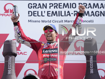 Enea Bastianini of Italy and Ducati Lenovo Team celebrate the victory of the MotoGP of Emilia Romagna at Misano World Circuit in Misano Adri...