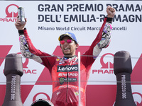 Enea Bastianini of Italy and Ducati Lenovo Team celebrate the victory of the MotoGP of Emilia Romagna at Misano World Circuit in Misano Adri...