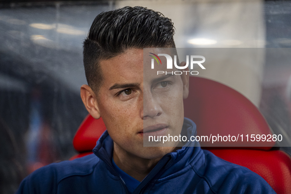 James Rodriguez of Rayo Vallecano sits on the bench during the La Liga EA Sports 2024/25 football match between Rayo Vallecano and Atletico...