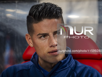 James Rodriguez of Rayo Vallecano sits on the bench during the La Liga EA Sports 2024/25 football match between Rayo Vallecano and Atletico...