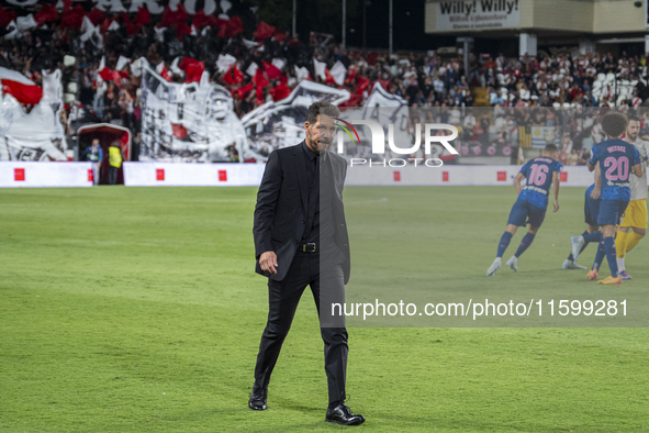 Diego Pablo Simeone, head coach of Atletico de Madrid, gets into the field during the La Liga EA Sports 2024/25 football match between Rayo...