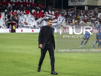 Diego Pablo Simeone, head coach of Atletico de Madrid, gets into the field during the La Liga EA Sports 2024/25 football match between Rayo...