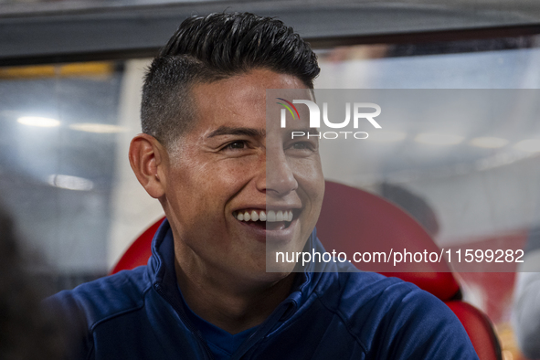 James Rodriguez of Rayo Vallecano sits on the bench during the La Liga EA Sports 2024/25 football match between Rayo Vallecano and Atletico...