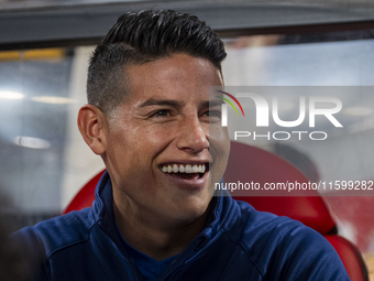 James Rodriguez of Rayo Vallecano sits on the bench during the La Liga EA Sports 2024/25 football match between Rayo Vallecano and Atletico...