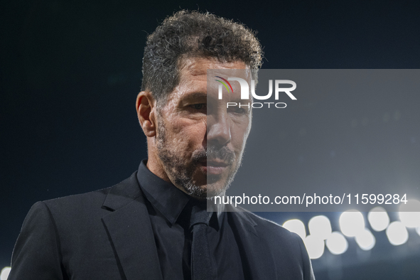 Diego Pablo Simeone, head coach of Atletico de Madrid, gets into the field during the La Liga EA Sports 2024/25 football match between Rayo...