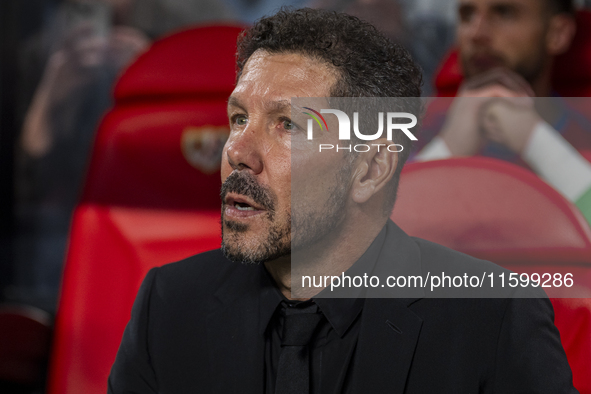 Diego Pablo Simeone, head coach of Atletico de Madrid, sits on the bench during the La Liga EA Sports 2024/25 football match between Rayo Va...