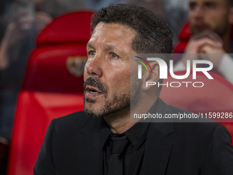 Diego Pablo Simeone, head coach of Atletico de Madrid, sits on the bench during the La Liga EA Sports 2024/25 football match between Rayo Va...