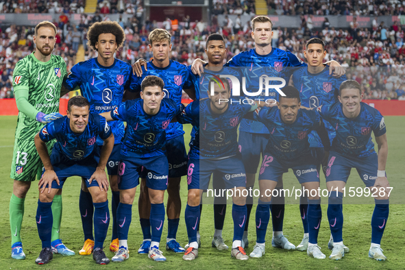 Players of Atletico de Madrid pose for the official photo during the La Liga EA Sports 2024/25 football match between Rayo Vallecano and Atl...