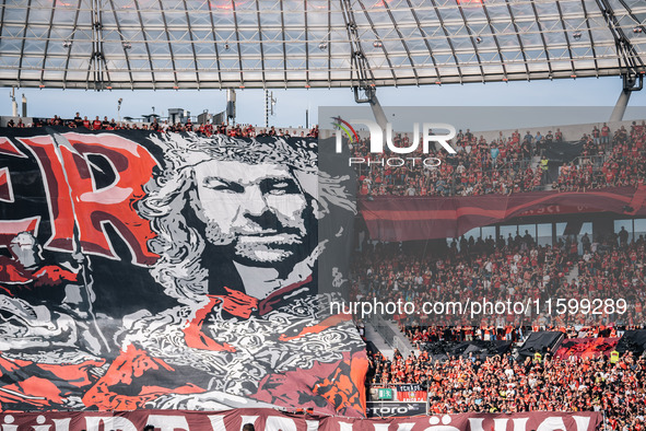 A general view inside the stadium as the fans display a tifo in the stand prior to the Bundesliga match between Bayer 04 Leverkusen and VfL...