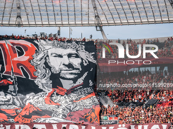 A general view inside the stadium as the fans display a tifo in the stand prior to the Bundesliga match between Bayer 04 Leverkusen and VfL...