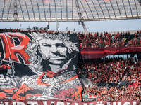 A general view inside the stadium as the fans display a tifo in the stand prior to the Bundesliga match between Bayer 04 Leverkusen and VfL...