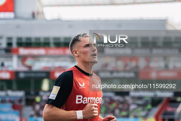 Florian Wirtz of Bayer 04 Leverkusen is seen during the Bundesliga match between Bayer 04 Leverkusen and VfL Wolfsburg at Bay Arena in Lever...