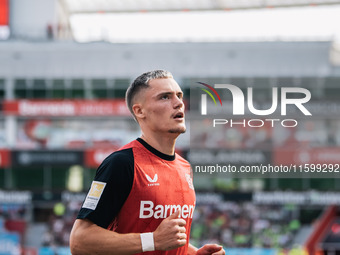 Florian Wirtz of Bayer 04 Leverkusen is seen during the Bundesliga match between Bayer 04 Leverkusen and VfL Wolfsburg at Bay Arena in Lever...