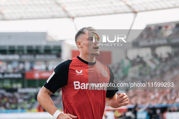 Florian Wirtz of Bayer 04 Leverkusen is seen during the Bundesliga match between Bayer 04 Leverkusen and VfL Wolfsburg at Bay Arena in Lever...