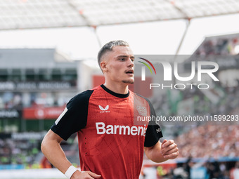 Florian Wirtz of Bayer 04 Leverkusen is seen during the Bundesliga match between Bayer 04 Leverkusen and VfL Wolfsburg at Bay Arena in Lever...