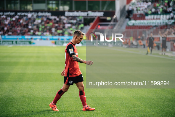 Alejandro Grimaldo of Bayer 04 Leverkusen is seen during the Bundesliga match between Bayer 04 Leverkusen and VfL Wolfsburg at Bay Arena in...